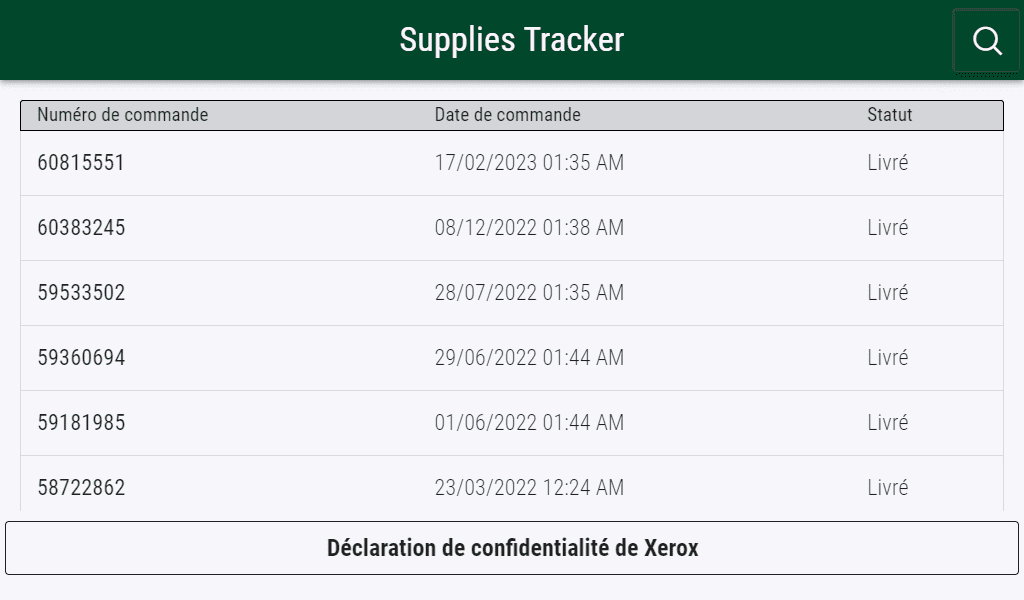 Interface commandes Illustration de l'interface orders de l'application
